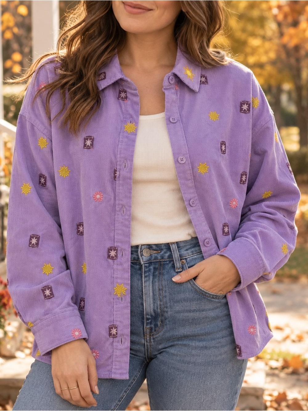 Disney Tangled Rapunzel Lanterns Purple Corduroy Button-Up Shirt Size L